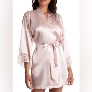 In Bloom Eliza Pink Satin Robe with Lace Trim in Shell Pink NWT